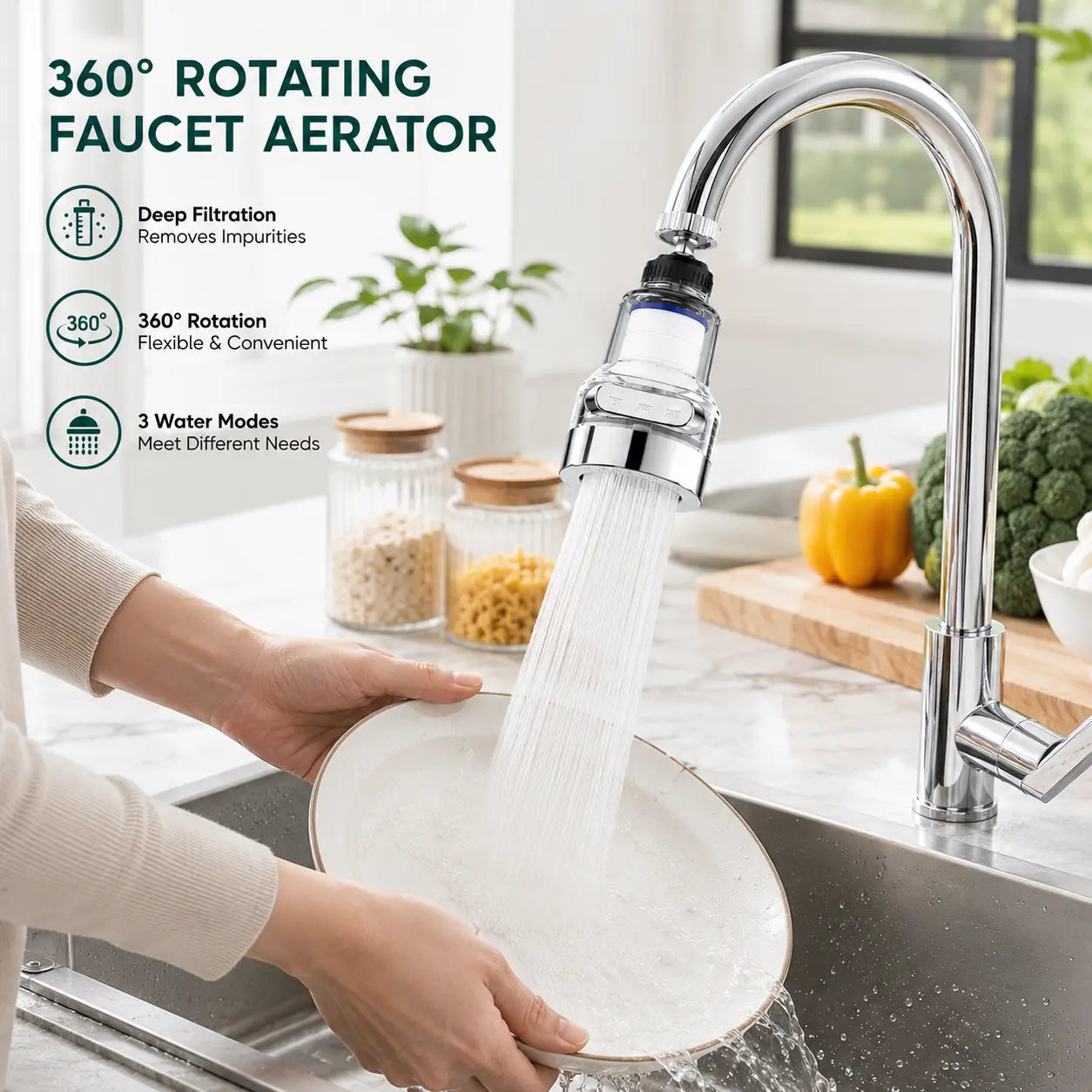 360° Rotating High-Pressure Faucet Filter with 3 Water Modes & Easy Installation
