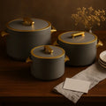 Premium 3-Pcs Insulated Hotpot Set – Grey & Gold | 1000ml, 2000ml, 3500ml