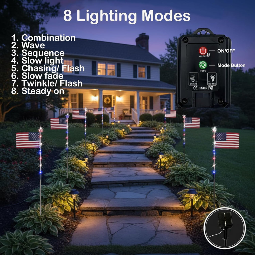 8 Solar American Flag Pathway Lights – Red, White & Blue Yard Glow
