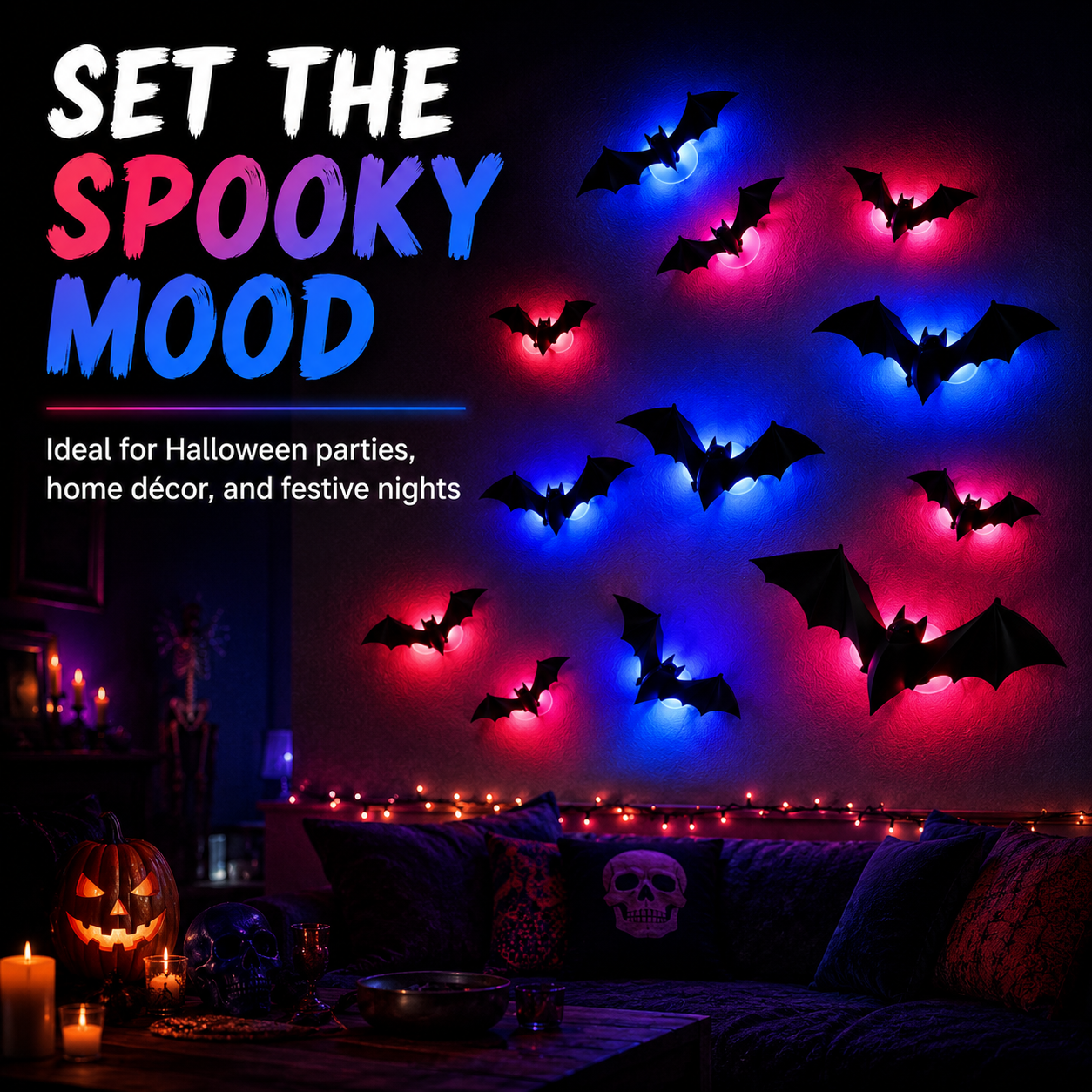 🦇 3D Bat Light Set – Spooky Wall Decor, Easy Stick