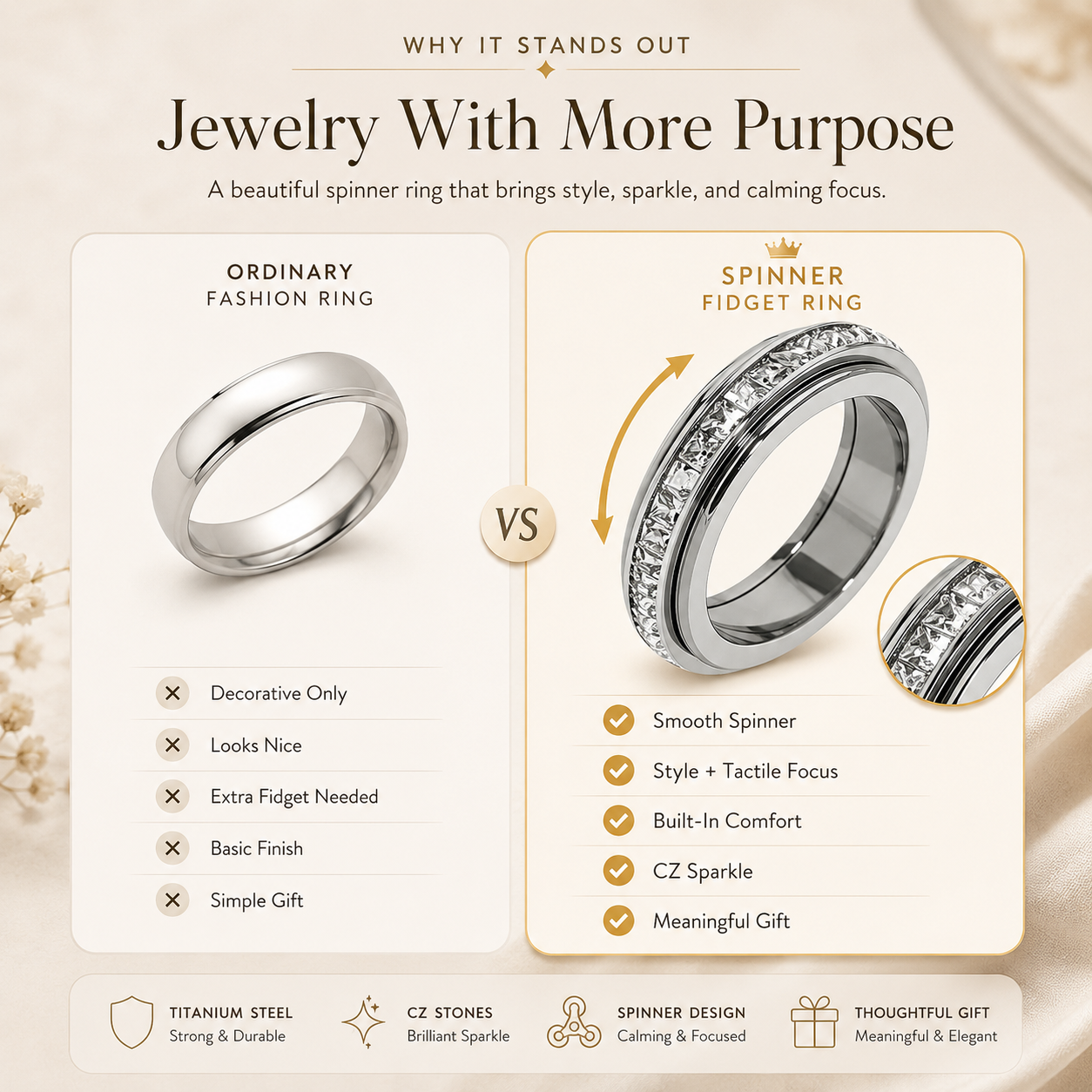 Last 3 Hours: 60% Off🔥Anxiety Rings Titanium Steel Calm Spinner for Women & Men